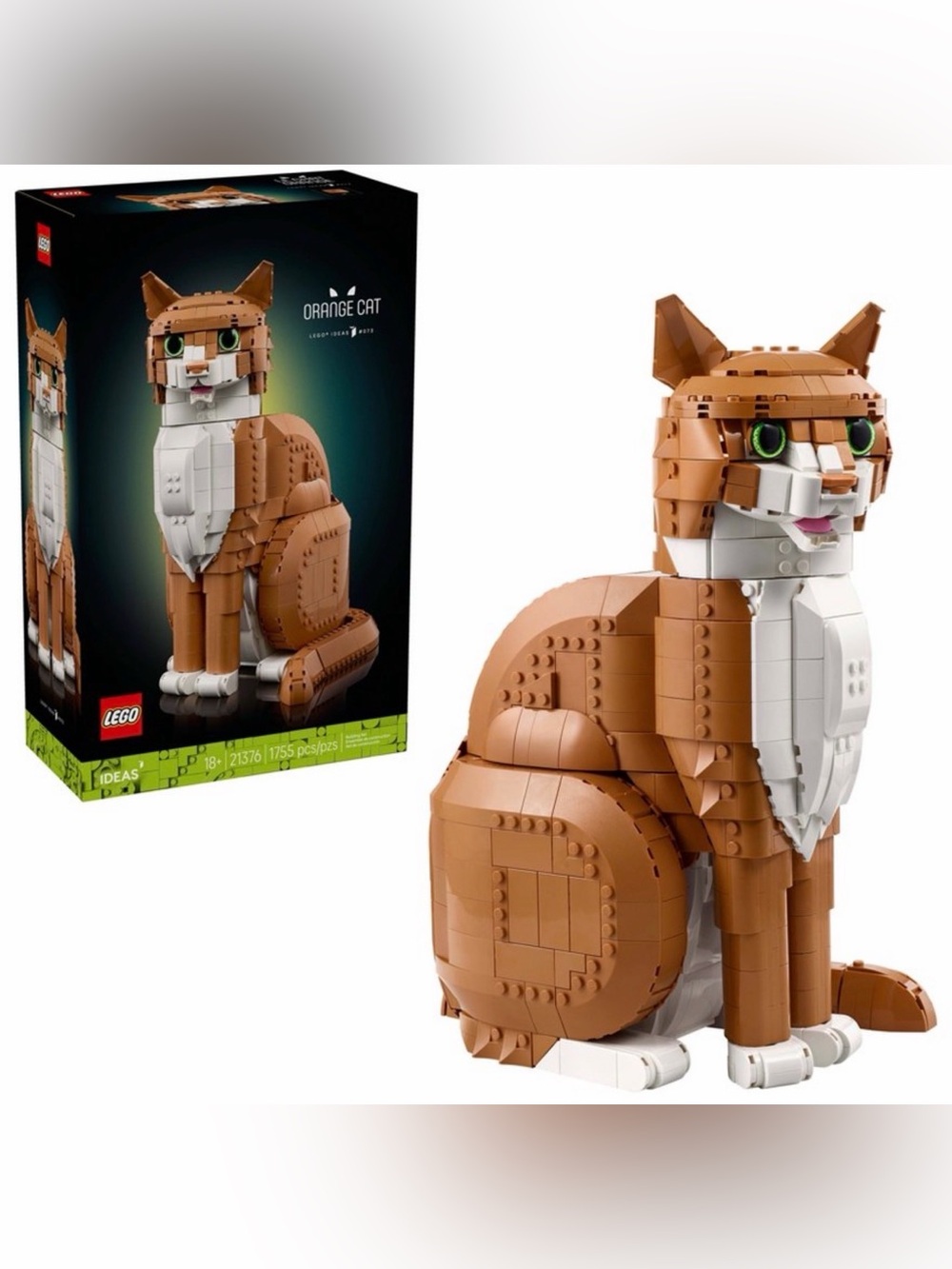 Lego Orange and White Cat Model with Green Eyes